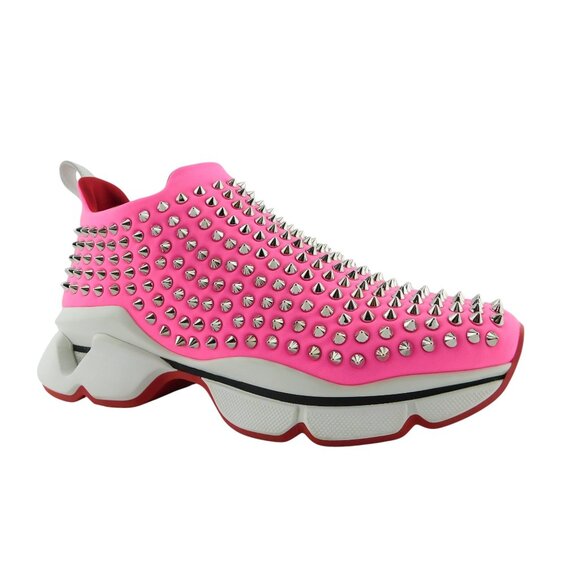 CHRISTIAN LOUBOUTIN Spiked Rose Hot Pink Neoprene Run Donna Sneakers 39.5 - Picture 1 of 8